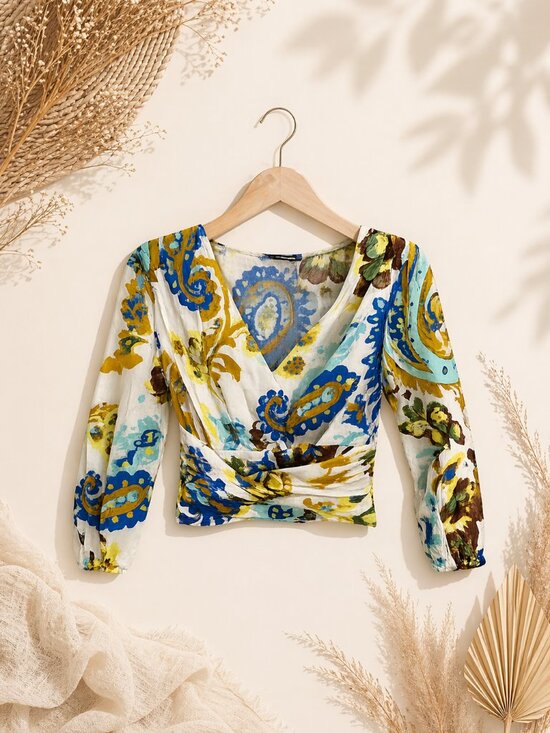 Zara Tops - Zara Paisley Wrap Crop Top XS Boho Cotton Long Sleeve Blouse NWOT